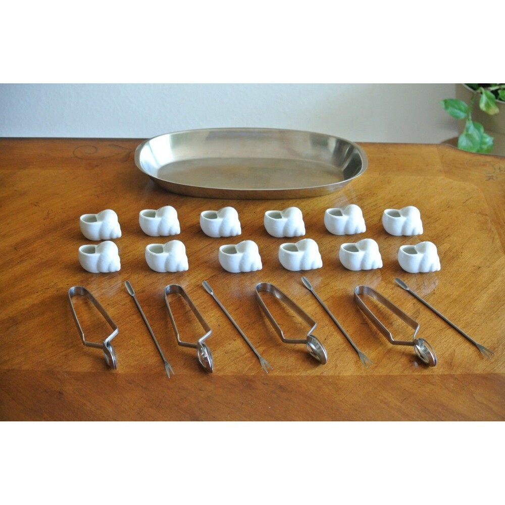 Escargot Lot 12 White Ceramic Escargot Snail Shell Pots 4 Forks (Italy) 4 Tongs